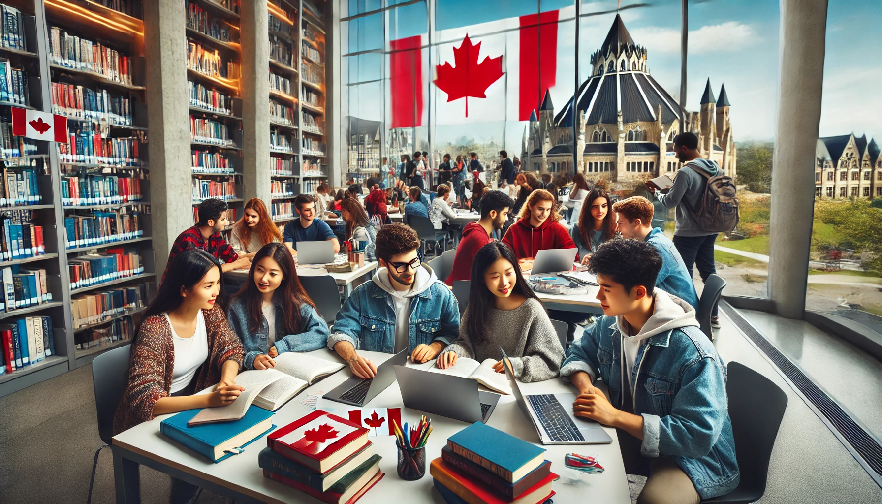 International students studying in a library